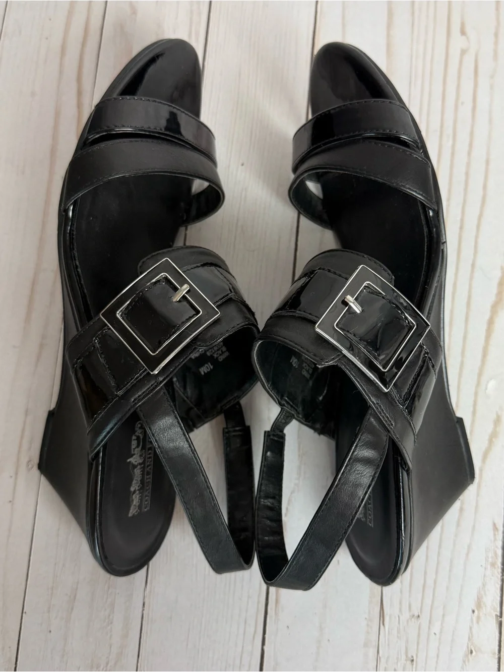 Coach and Four Black Patent Leather Wedge Sandals Open Toe Slingback Buckle